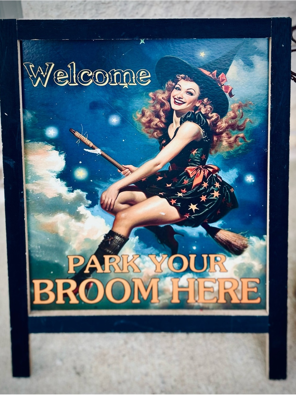 Halloween Vtg Style Gothic Retro Pinup Witch + Broom Easel Welcome Sign 16x20